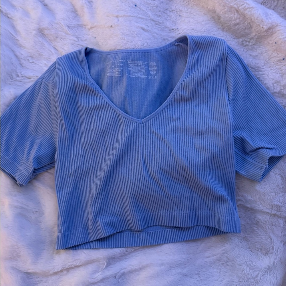 Blue Ribbed V-Neck Women's Top